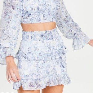 Altar’d State blue floral ruffle skirt with gold accents